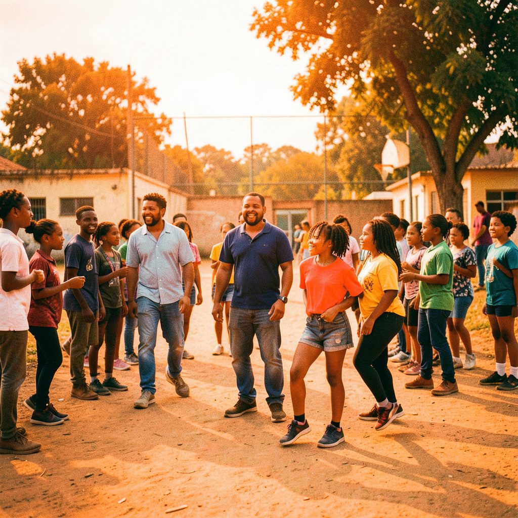 A group of young Indian students gathered around a table in animated discussion, notebooks open, sunlight streaming through a window, capturing the energy of youth engagement.