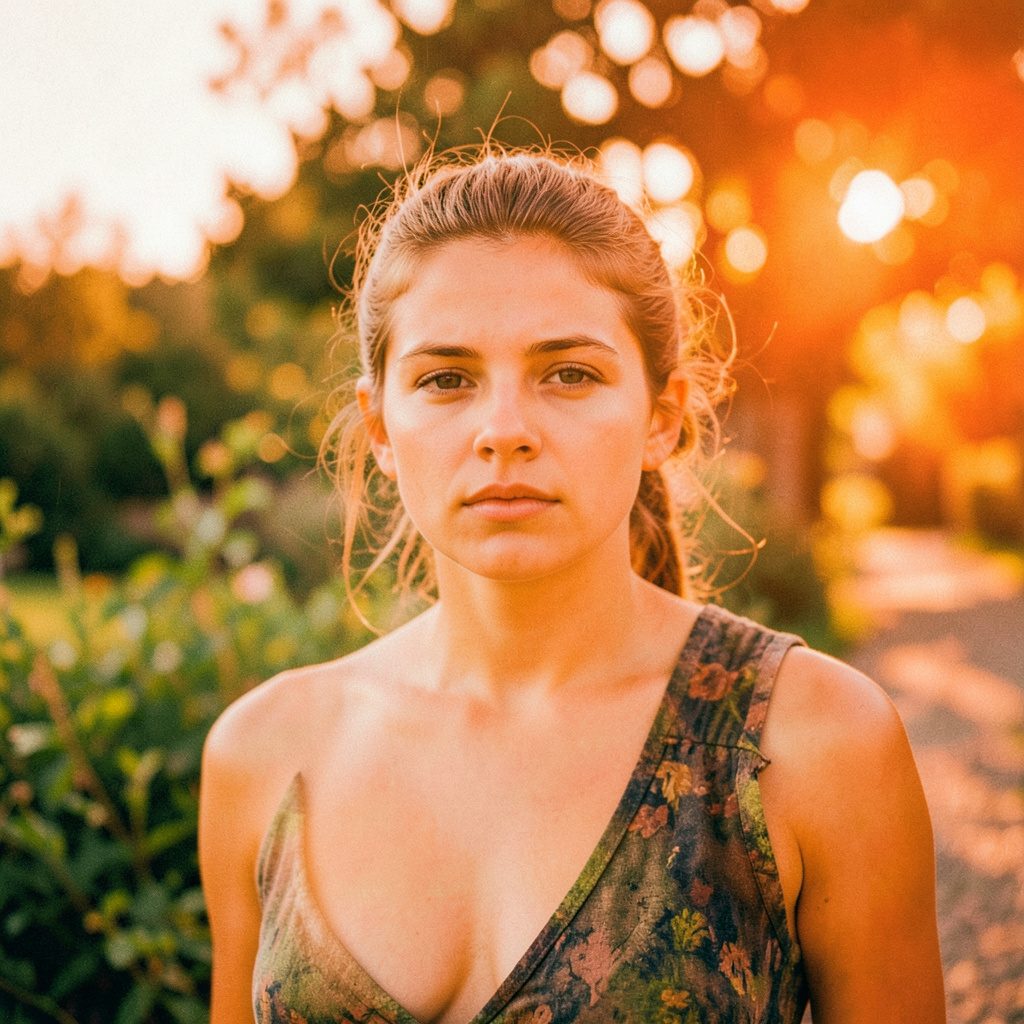 A thoughtful young person seated on steps outdoors, notebook in hand, looking toward the horizon at dusk, warm amber and deep blue tones in the sky.